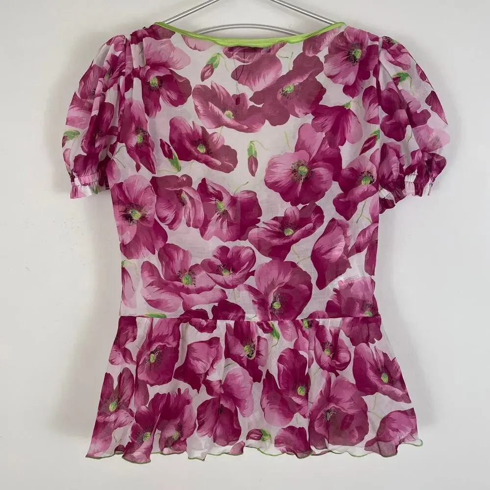 Dolce & Gabbana Purple Floral Print V Neck Puff Sleeve Blouse Size Large - Picture 7 of 8